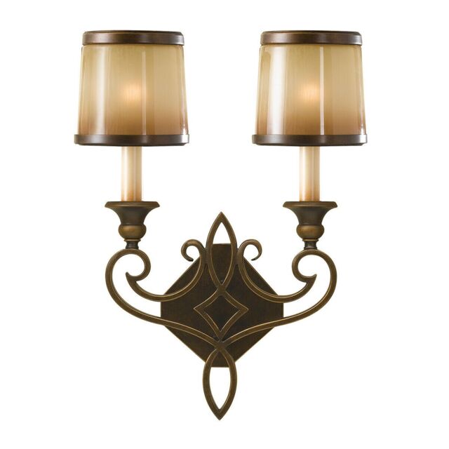 Loops Twin Wall Light Iron Scroll Detail Glass Aged Oak Astral Bronze LED E14 60W in Clear