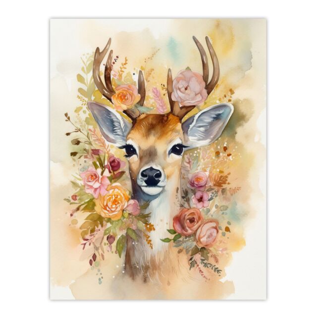 "Artery8 Wall Art Print The Deer In My Roses Watercolour Stag Buck Soft Serene Calm Poster in Brown - Size: W24"" x H32""" - image 1