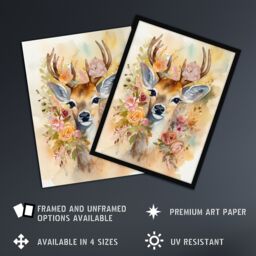 "Artery8 Wall Art Print The Deer In My Roses Watercolour Stag Buck Soft Serene Calm Poster in Brown - Size: W24"" x H32""" - thumbnail 2