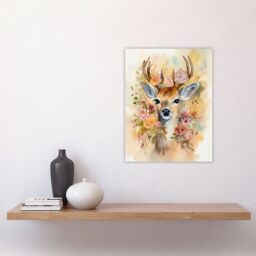 "Artery8 Wall Art Print The Deer In My Roses Watercolour Stag Buck Soft Serene Calm Poster in Brown - Size: W24"" x H32""" - thumbnail 4