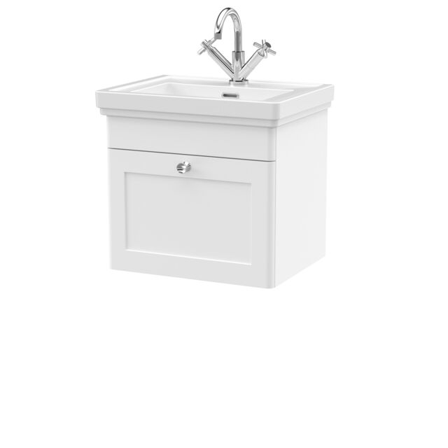 Balterley Bathroom Wall Hung 1-Drawer Vanity Unit & Fireclay Basin, White, 500mm in White - image 1