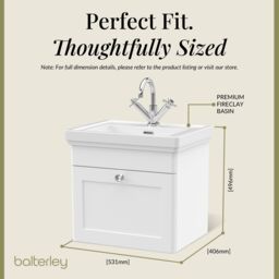 Balterley Bathroom Wall Hung 1-Drawer Vanity Unit & Fireclay Basin, White, 500mm in White - thumbnail 5