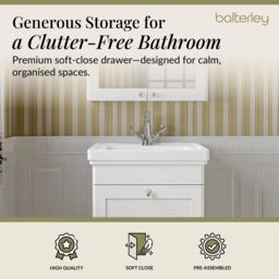 Balterley Bathroom Wall Hung 1-Drawer Vanity Unit & Fireclay Basin, White, 500mm in White - thumbnail 3