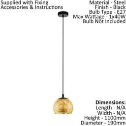 Loops Pendant Ceiling Light Colour Black Shade Gold Color Glass Bulb E27 1x40W - thumbnail 2