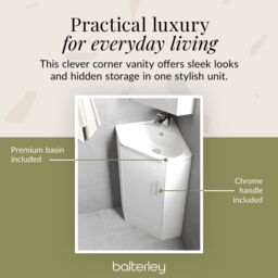 Balterley Gloss White Free Standing 1 Door Corner Vanity Basin Unit 555mm - thumbnail 6