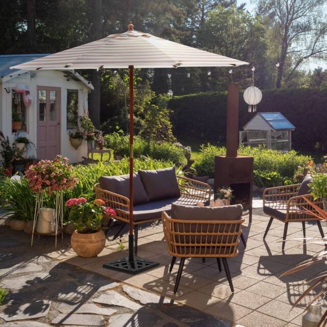 Wyld and Coco Garden Sun Parasol 245 cm Beige and White Striped Canopy Birch Wood - image 1