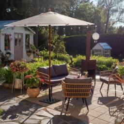 Wyld and Coco Garden Sun Parasol 245 cm Beige and White Striped Canopy Birch Wood - thumbnail 1