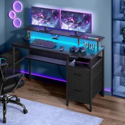 VASAGLE Wide LED Computer Desk with Monitor Stand USB Ports Fabric Drawers in Black
