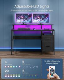 VASAGLE Wide LED Computer Desk with Monitor Stand USB Ports Fabric Drawers in Black - thumbnail 3