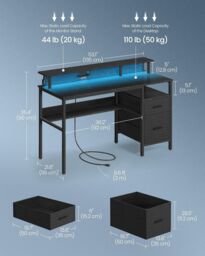 VASAGLE Wide LED Computer Desk with Monitor Stand USB Ports Fabric Drawers in Black - thumbnail 2