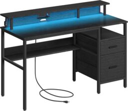 VASAGLE Wide LED Computer Desk with Monitor Stand USB Ports Fabric Drawers in Black - thumbnail 6