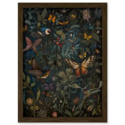 Artery8 William Morris Style Plants Birds & Butterflies Artwork Framed Wall Art Print A4 in Brown - thumbnail 1