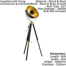 Loops Tripod Floor Lamp Light Black Wood & Gold Dome Shade 1 x 60W E27 Bulb - thumbnail 2