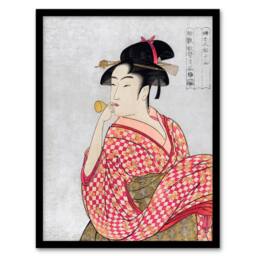 Artery8 Woman With Glass Pipe Portrait Vintage Framed Wall Art Print Kitagawa in Pink - Size: A4 - thumbnail 1