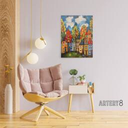"Artery8 Colourful Cityscape With Autumn Trees Canvas Wall Art Print - Size: W12"" x H16""" - thumbnail 3