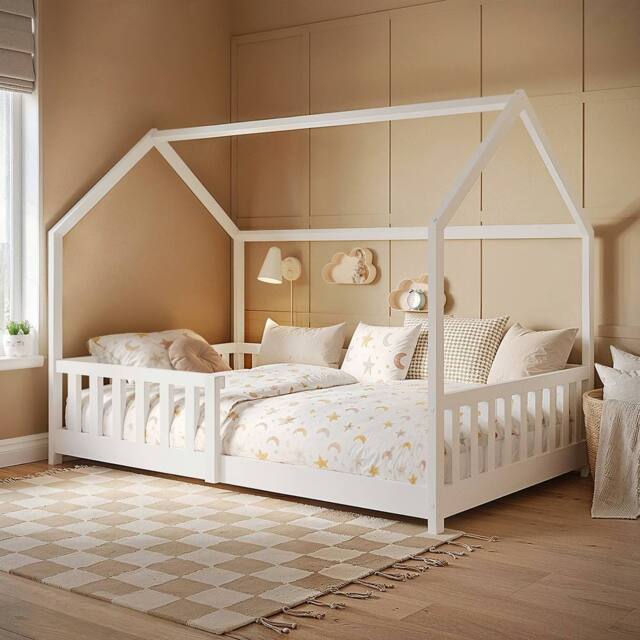 Flair Explorer Small Double Play House Floor Bed with Rails Wooden White - image 1