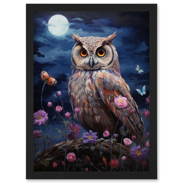 Artery8 Wall Art Print Majestic Owl Portrait Oil Painting Great Horned Purple Pink Blue Full Moon in Spring Meadow with Wildflowers Artwork Framed A4 - image 1