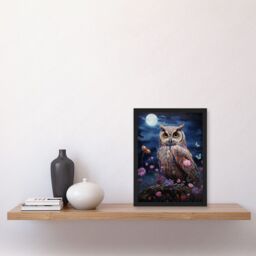 Artery8 Wall Art Print Majestic Owl Portrait Oil Painting Great Horned Purple Pink Blue Full Moon in Spring Meadow with Wildflowers Artwork Framed A4 - thumbnail 2