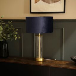 ValueLights Balan Glass & Matt Gold Table Lamp with Velvet Drum Lamp Shade in Navy - thumbnail 3