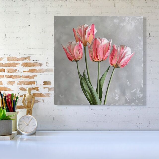 "Warren Reed - Designer Painted Pink Tulips Canvas - Size: W16"" x H16""" - image 1