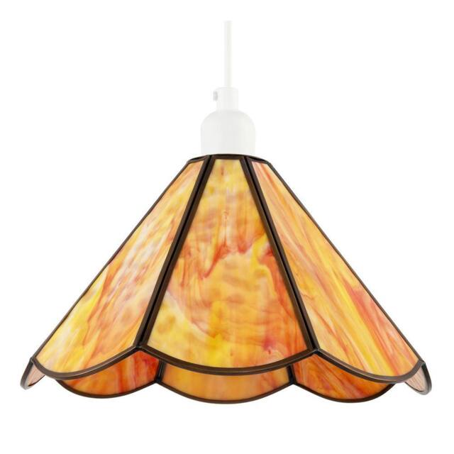 Happy Homewares Tiffany Glass Panelled Easy-Fit Pendant Shade with Antique Brass Trim in Orange - Size: 12 inches - image 1