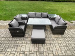Fimous Rattan Outdoor Garden Furniture Sets Adjustable Rising lifting Dining Table Reclining Chair Sofa Set in Dark Grey - thumbnail 1
