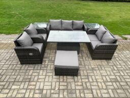 Fimous Rattan Outdoor Garden Furniture Sets Adjustable Rising lifting Dining Table Reclining Chair Sofa Set in Dark Grey - thumbnail 2