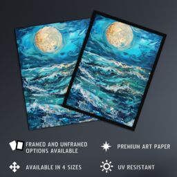 "Artery8 Oceans Waves Under Full Moon Oil Painting Dark Framed Art Print in Blue - Size: W12"" x H16""" - thumbnail 2