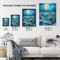 "Artery8 Oceans Waves Under Full Moon Oil Painting Dark Framed Art Print in Blue - Size: W12"" x H16""" - thumbnail 3
