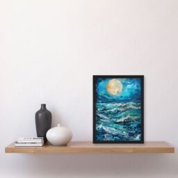 "Artery8 Oceans Waves Under Full Moon Oil Painting Dark Framed Art Print in Blue - Size: W12"" x H16""" - thumbnail 4
