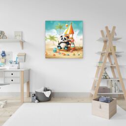 Warren Reed - Designer Happy Panda On A Beach Holiday Canvas in Yellow - Size: w40 inch x h40 inch - thumbnail 3