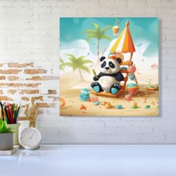 Warren Reed - Designer Happy Panda On A Beach Holiday Canvas in Yellow - Size: w40 inch x h40 inch - thumbnail 2