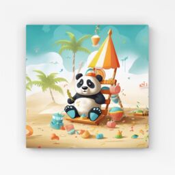 Warren Reed - Designer Happy Panda On A Beach Holiday Canvas in Yellow - Size: w40 inch x h40 inch - thumbnail 1