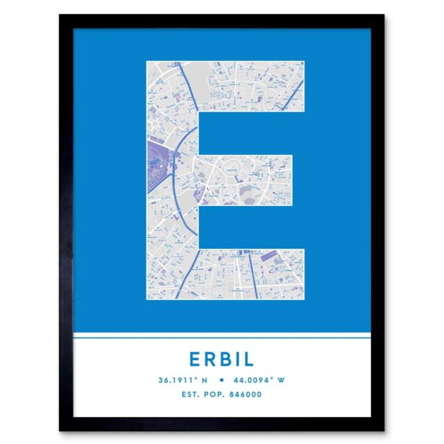 "Wee Blue Coo Wall Art Print Erbil Iraq City Map Modern Typography Stylish Letter Framed Word in Blue - Size: W12"" x H16""" - image 1