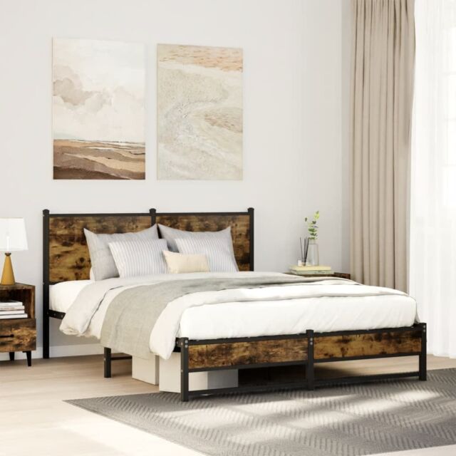 Berkfield Home Metal Bed Frame without Mattress Smoked Oak 140x200 cm in Brown - image 1