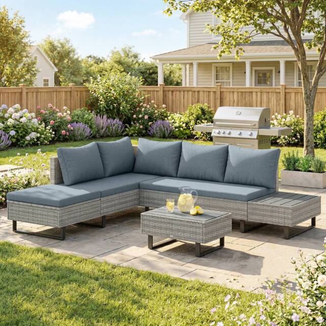 OUTSUNNY 5 Seater Rattan Garden Furniture Set, Adjustable Back, Grey