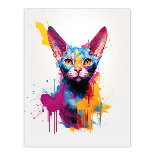 "Artery8 Wall Art Print Devon Rex Cat Lover Gift Pet Portrait Purple Blue Orange Artwork Painting Poster - Size: W24"" x H32""" - image 1