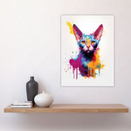 "Artery8 Wall Art Print Devon Rex Cat Lover Gift Pet Portrait Purple Blue Orange Artwork Painting Poster - Size: W24"" x H32""" - thumbnail 4