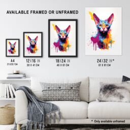 "Artery8 Wall Art Print Devon Rex Cat Lover Gift Pet Portrait Purple Blue Orange Artwork Painting Poster - Size: W24"" x H32""" - thumbnail 3