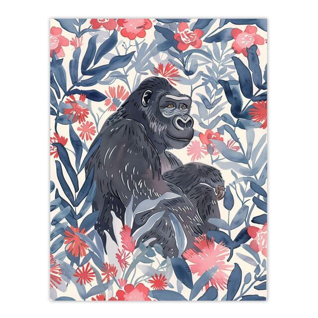 "Artery8 Gorilla Ape & Pink Tropical Flowers Watercolour Wall Art Print in Blue - Size: W24"" x H32""" - image 1