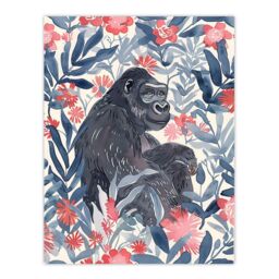 "Artery8 Gorilla Ape & Pink Tropical Flowers Watercolour Wall Art Print in Blue - Size: W24"" x H32""" - thumbnail 1