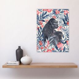 "Artery8 Gorilla Ape & Pink Tropical Flowers Watercolour Wall Art Print in Blue - Size: W24"" x H32""" - thumbnail 4