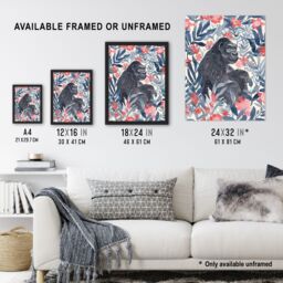 "Artery8 Gorilla Ape & Pink Tropical Flowers Watercolour Wall Art Print in Blue - Size: W24"" x H32""" - thumbnail 3