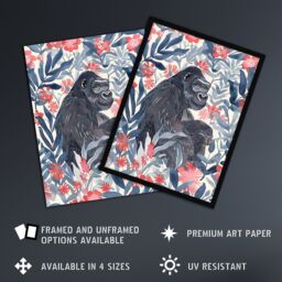 "Artery8 Gorilla Ape & Pink Tropical Flowers Watercolour Wall Art Print in Blue - Size: W24"" x H32""" - thumbnail 2