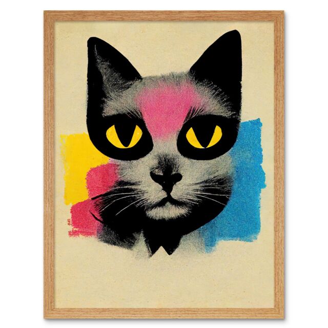 "Artery8 Wall Art Print Pop Art Cat Bright Pink Yellow Blue Vintage Style Painting Art Framed in Light Oak - Size: W12"" x H16""" - image 1