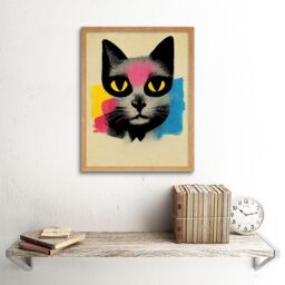 "Artery8 Wall Art Print Pop Art Cat Bright Pink Yellow Blue Vintage Style Painting Art Framed in Light Oak - Size: W12"" x H16""" - thumbnail 2