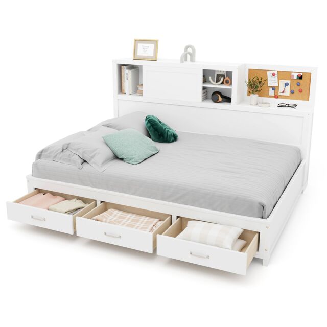 Gymax Double Daybed Guest Bed Frame with Storage Drawers Wooden Slat Support in White - image 1
