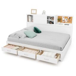 Gymax Double Daybed Guest Bed Frame with Storage Drawers Wooden Slat Support in White