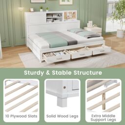 Gymax Double Daybed Guest Bed Frame with Storage Drawers Wooden Slat Support in White - thumbnail 2