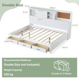 Gymax Double Daybed Guest Bed Frame with Storage Drawers Wooden Slat Support in White - thumbnail 6